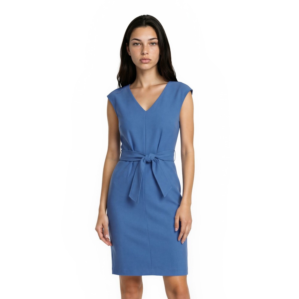 Closet London Women Size 10 Blue V‎ Neck Cap Sleeve Tie Waist Sheath Dress